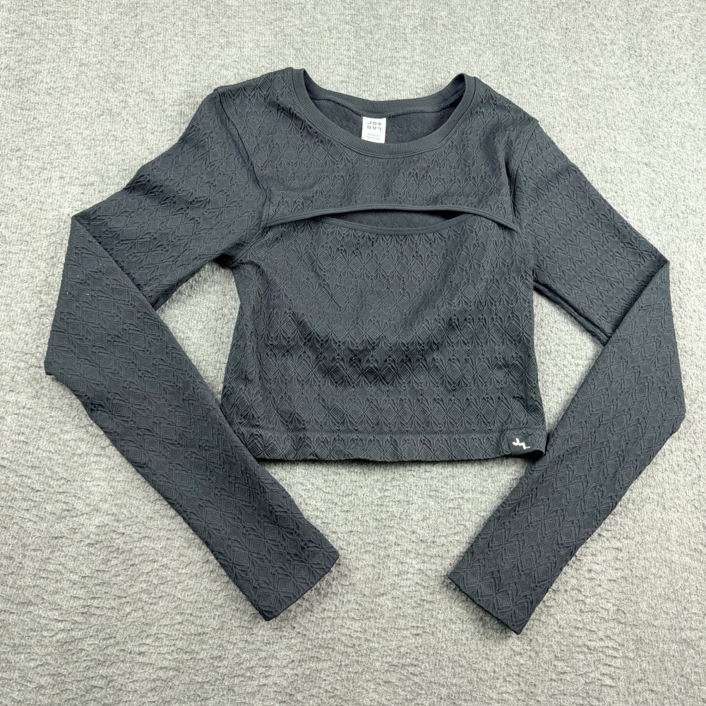 JoyLab Women Black Diamond Textured Cutout Long Sleeve Crop Top Size Medium